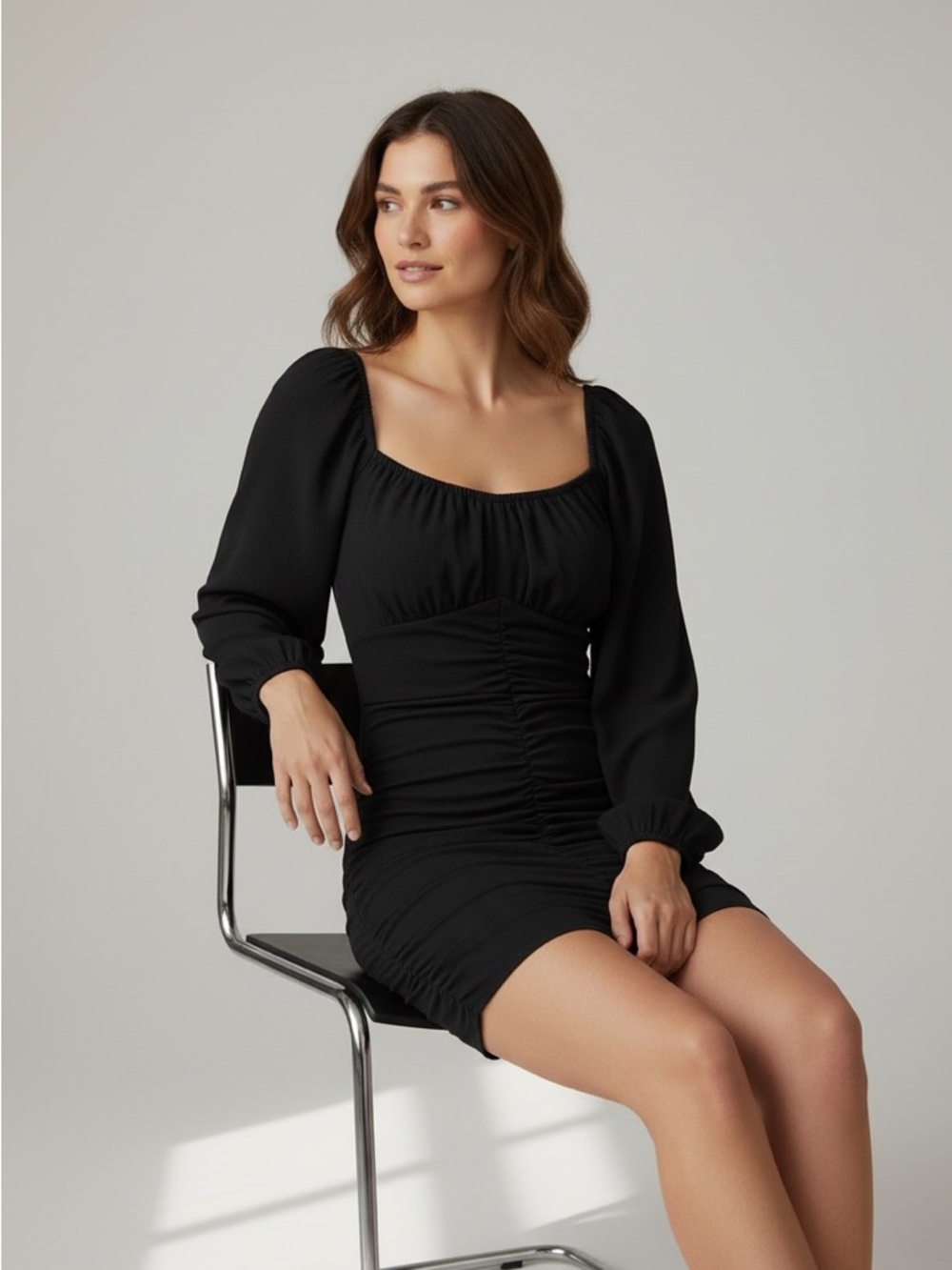 NWT She + Sky Black Ruched Long Sleeve Square Neck Mini Dress LBD Evening Party